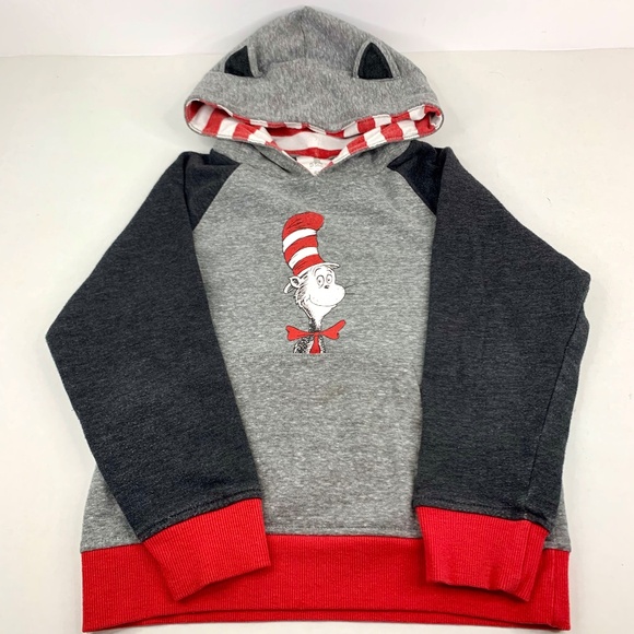 Boys /Kids Dr. Seuss Cat in the Hat raglan red grey pullover hoodie ears on hood - Picture 1 of 9